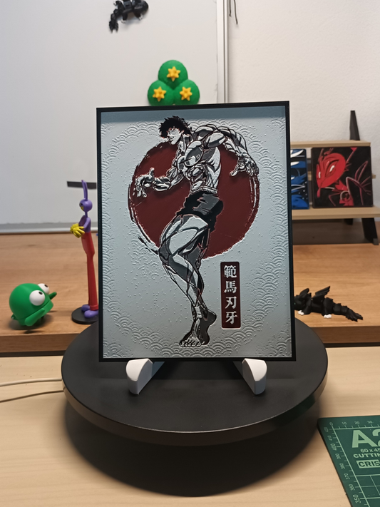 Cuadro 3D artesanal de Baki Hanma con relieve tridimensional y marco negro.