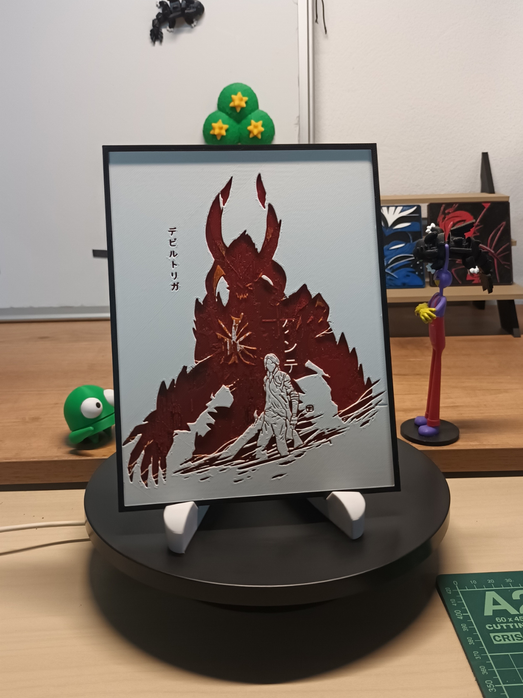 Cuadro 3D artesanal de Dante con Devil Trigger inspirado en Devil May Cry, fabricado mediante impresión 3D con relieve y marco negro.