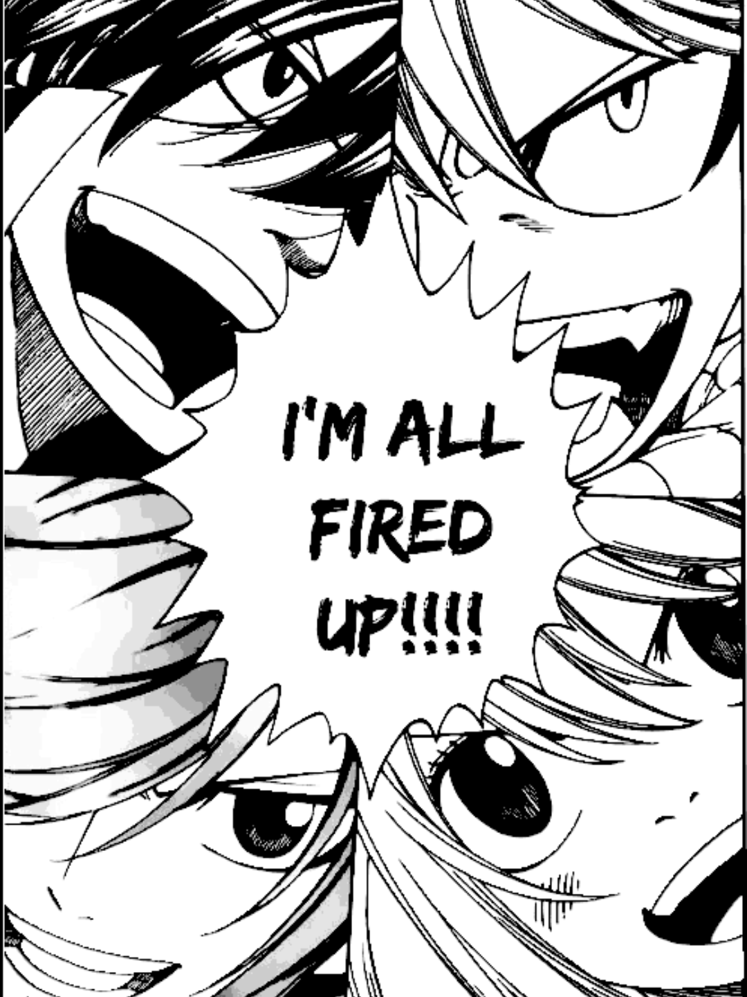 Diseño artístico en relieve del equipo principal de Fairy Tail con el mensaje "I'm All Fired Up!".