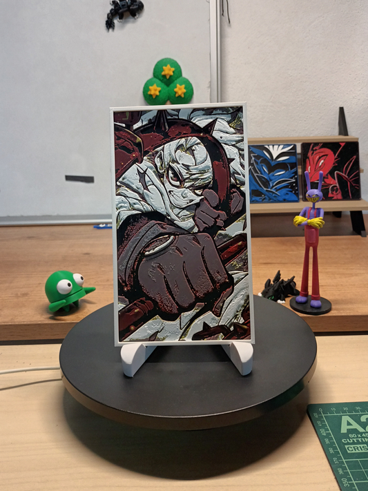 Cuadro 3D artesanal de Rudo inspirado en Gachiakuta con marco blanco.