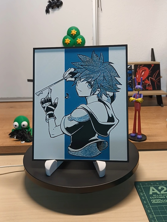 Cuadro 3D de Sora con la Llave Espada en tonos azules y marco negro inspirado en Kingdom Hearts