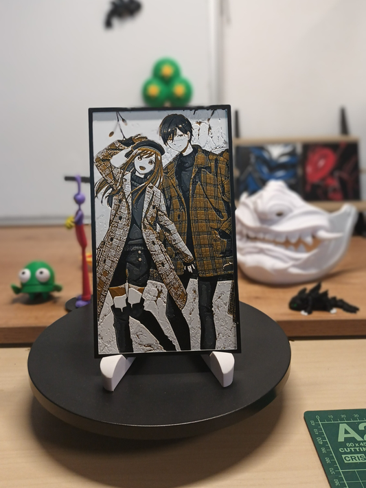 Cuadro 3D artesanal de Akane Kinoshita y Akito Yamada inspirado en My Love Story with Yamada-kun at Lv999 con relieve tridimensional y marco negro.