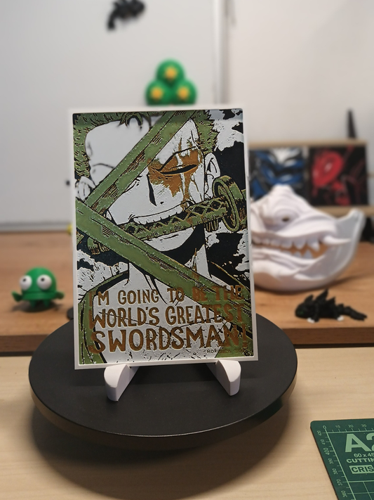 Cuadro 3D artesanal de Roronoa Zoro inspirado en One Piece con relieve tridimensional y marco negro.